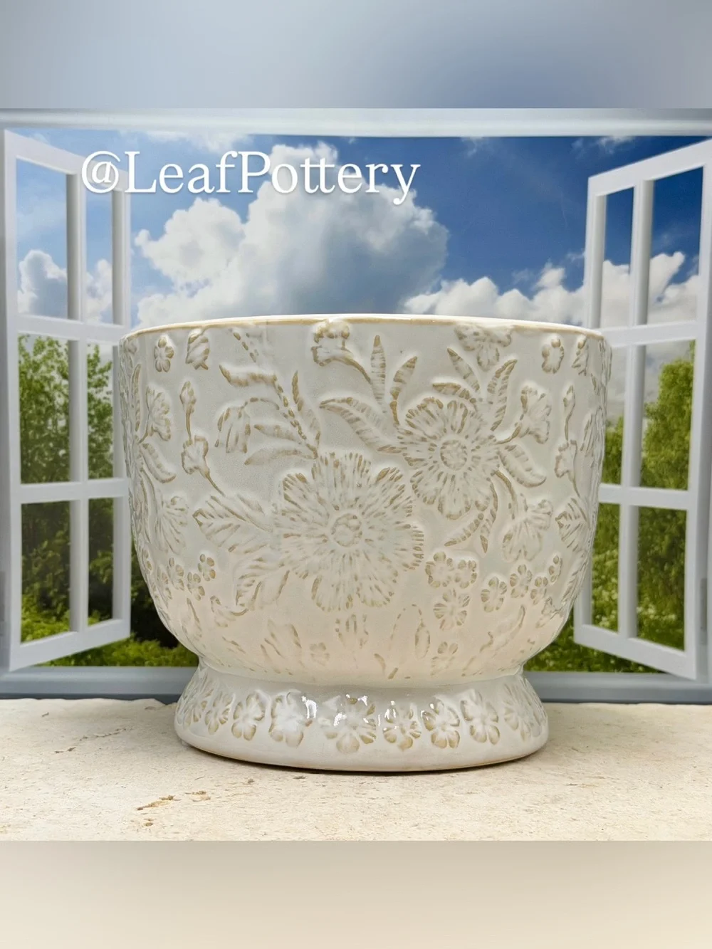Ceramic Floral Planter with Drainage Hole - 7.5 Inch White Embossed Flower Pot